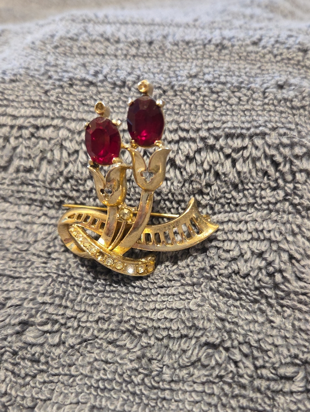 Coro- Gold-Tone Red Crystal Floral Brooch - Women Jewelry